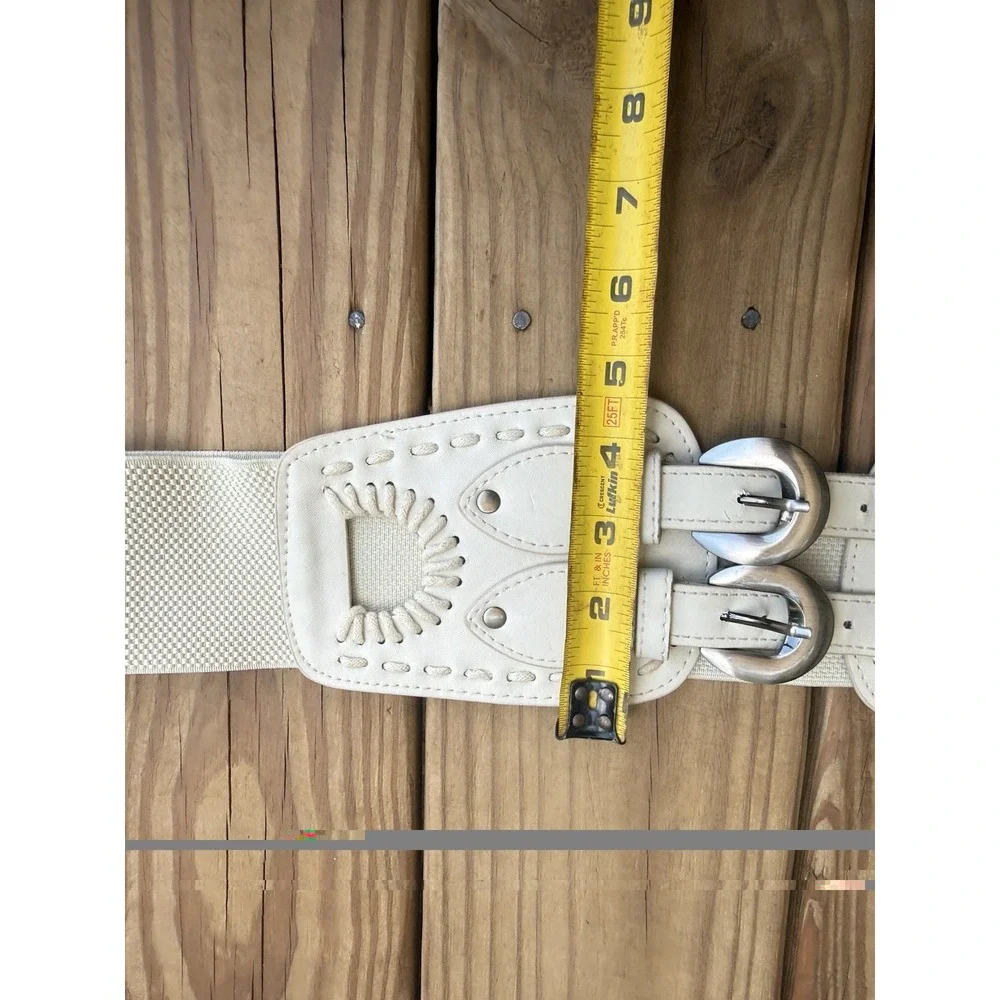 Vintage Y2K Wide Elastic & Leather Corset Cinch Belt Two Buckles White One Size